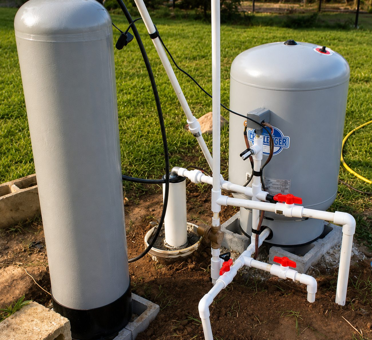 Water softener and pressure tank installed beside a well