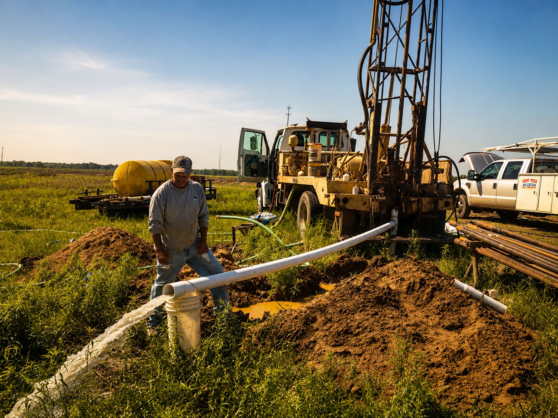 A water well being drilled and developed, clean water flowing from the discharge line