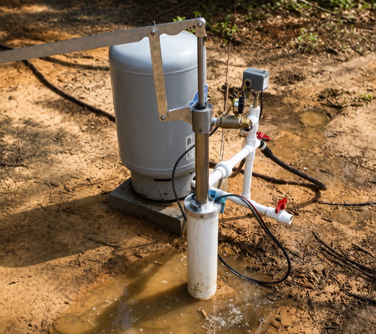 Pressure tank and wellhead plumbing installed by H&P Wells